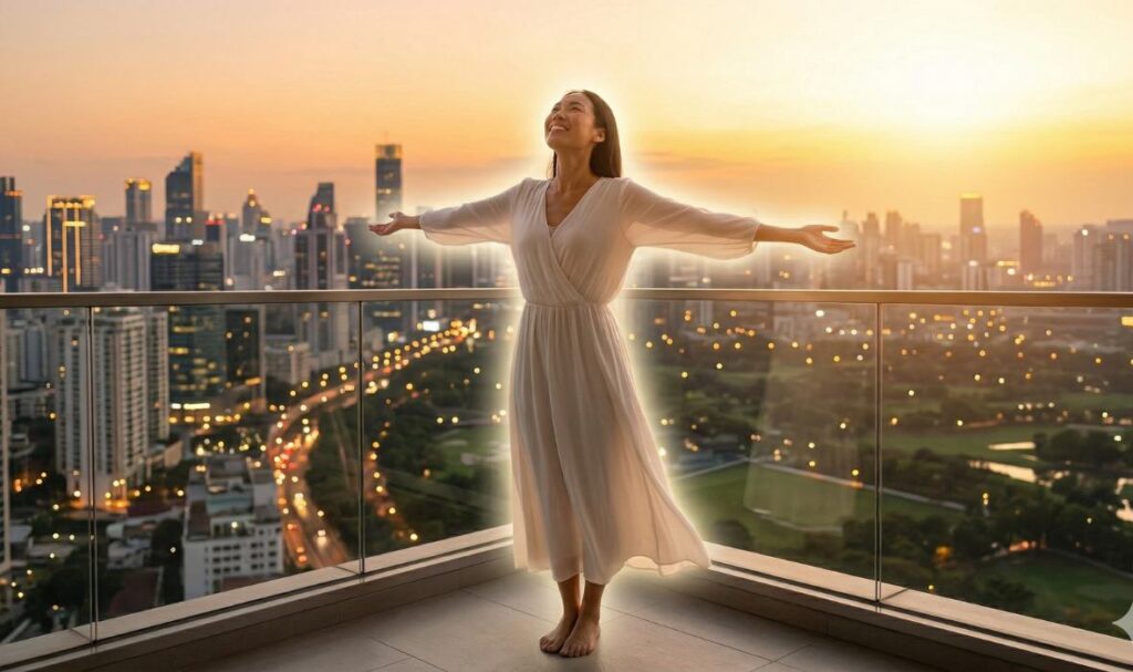 A joyful woman standing on a high-rise balcony at sunset, overlooking a glowing city skyline with her arms outstretched. The soft, warm light captures the emotional alignment and success that comes from consistent manifestation techniques.