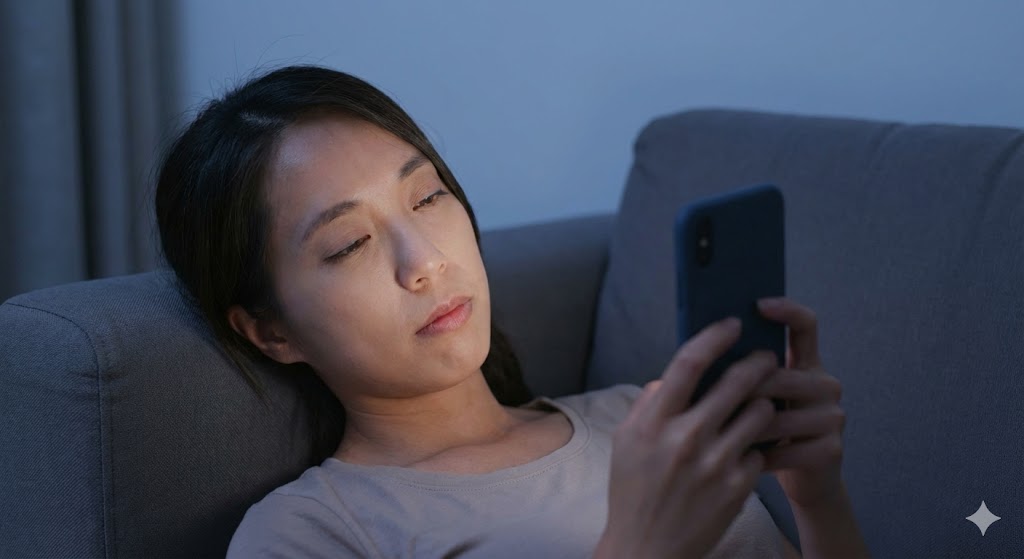 woman lying in bed and scrolling on her phone because she's overstimulated