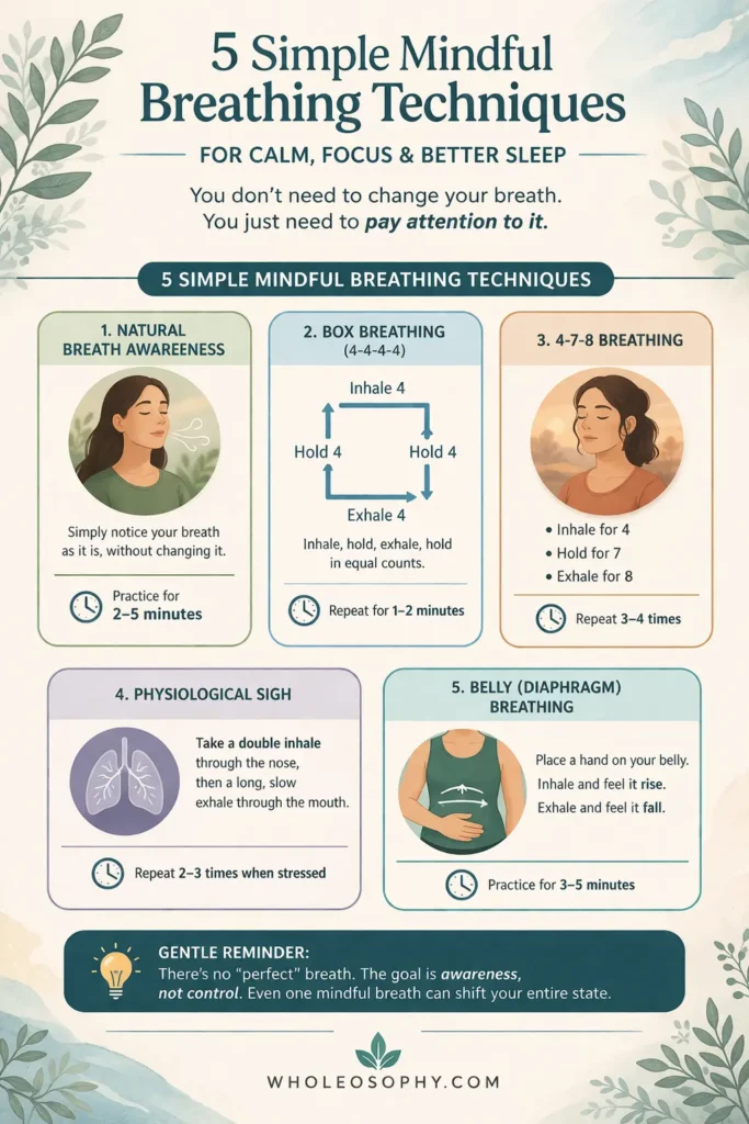 5 mindful breathing techniques infographic including box breathing 4-4-4-4, extended exhale 4-8, physiological sigh, 4-7-8 breathing, and counting breath for anxiety, sleep, and calm