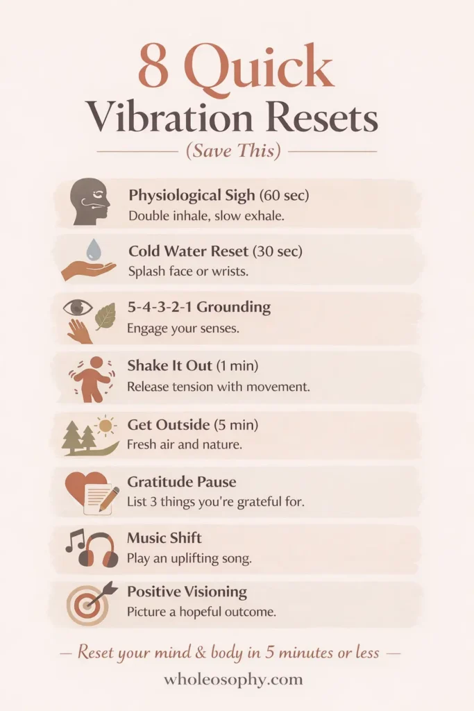 Want to learn how to raise your vibration? This Infographic is showing 8 quick nervous system resets including breathing, grounding, movement, and gratitude techniques to calm the mind and body in under 5 minutes