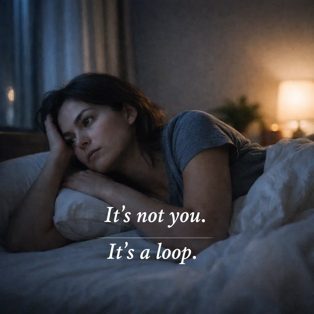 Person lying awake in bed at night overthinking, representing anxiety and repetitive worry loops