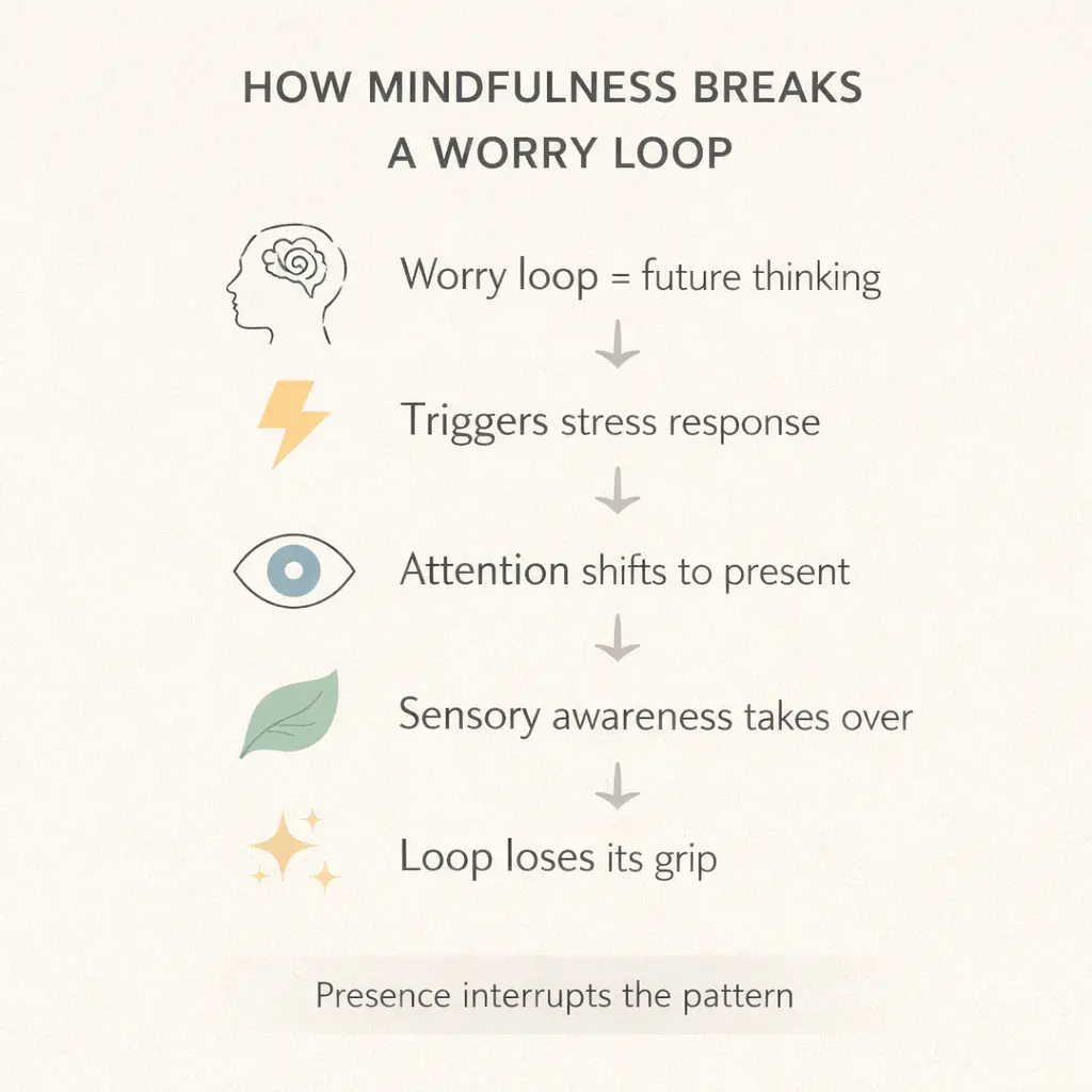 Infographic showing how mindfulness interrupts a worry loop by shifting attention from anxious thoughts to present moment awareness