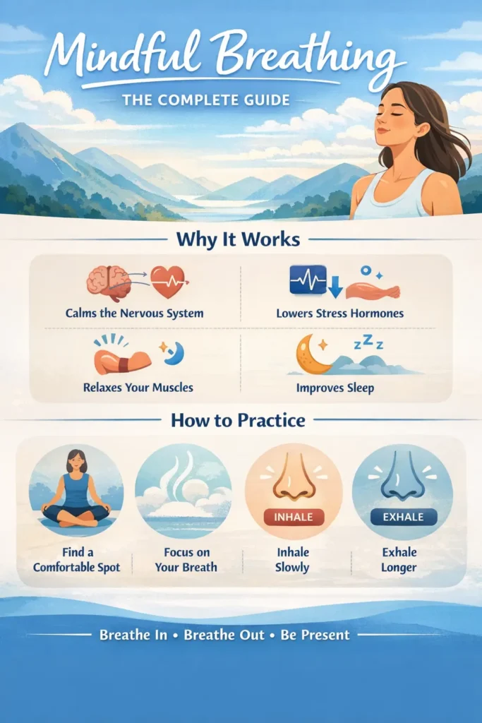 mindful breathing techniques infographic showing box breathing 4-4-4-4, 4-7-8 breathing, physiological sigh, and belly breathing for anxiety, sleep, and relaxation
