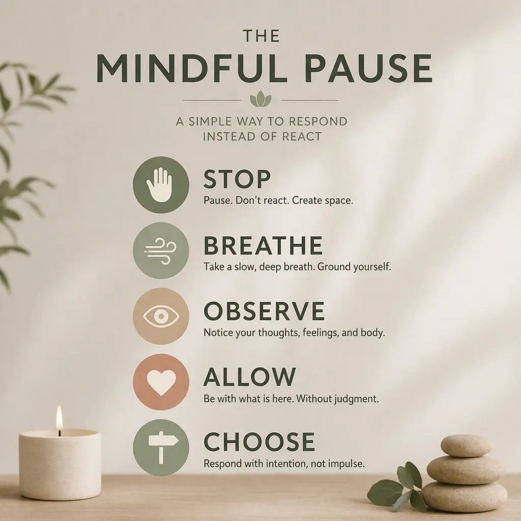 5 step mindful pause technique for stress stop breathe observe allow choose mindfulness for stress and emotional regulation