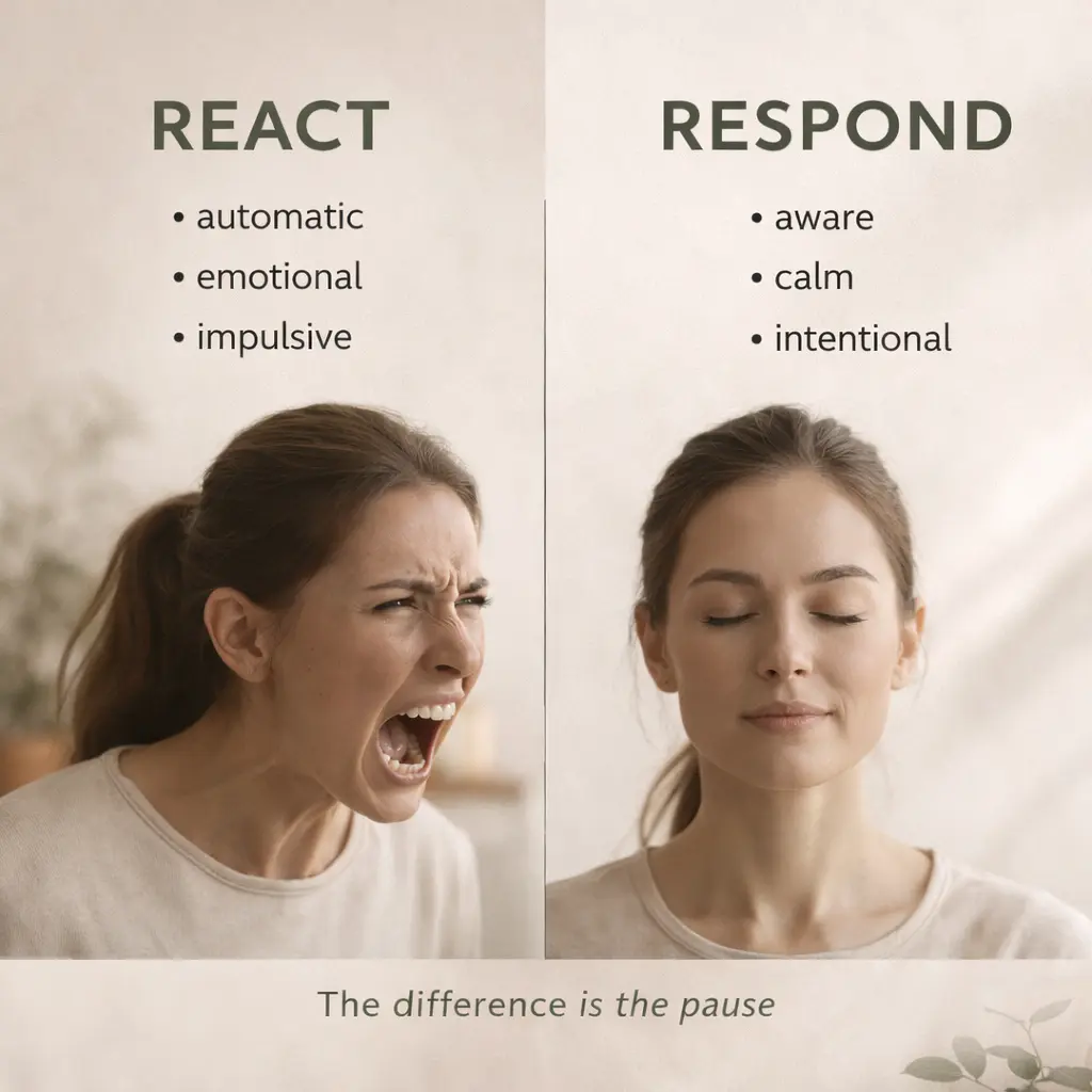 react vs respond; mindfulness comparison showing emotional reaction vs calm intentional response to stress