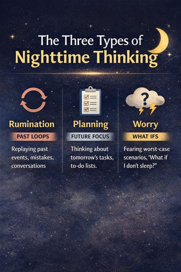 Three types of nighttime thinking: rumination (past loops), planning (future tasks), and worry (what-if thoughts) explained in a mindfulness for sleep infographic.