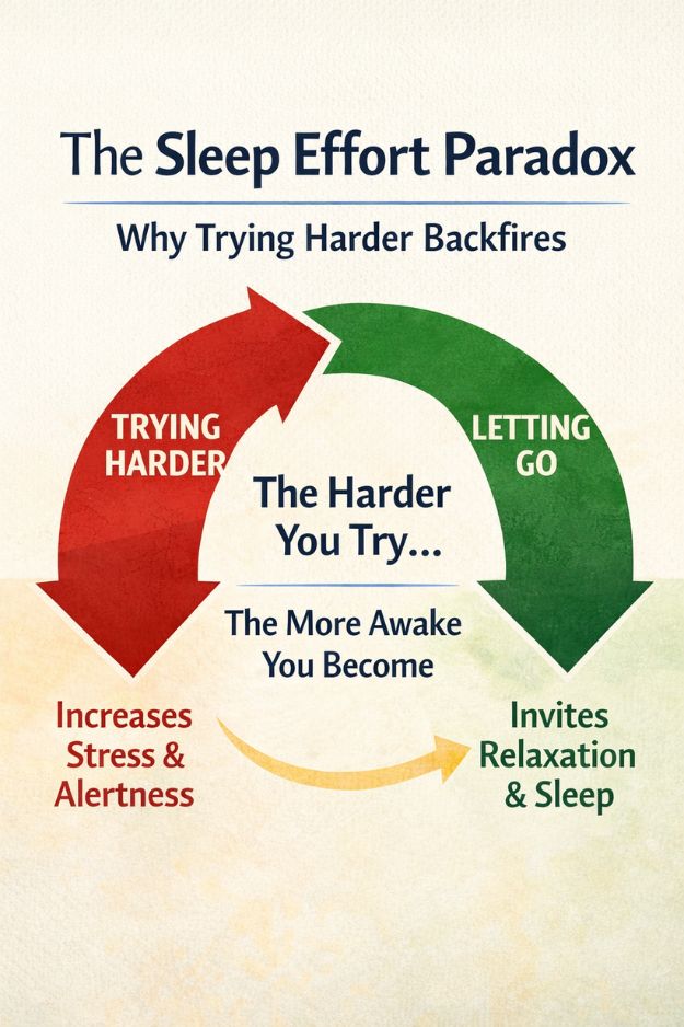 The sleep effort paradox showing how trying harder to fall asleep increases alertness, while letting go allows relaxation and sleep.