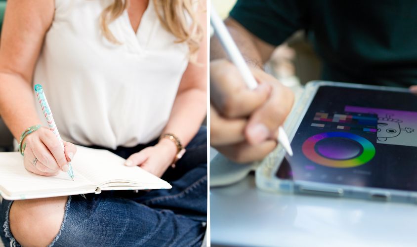 An image showing woman writing in a journal on one side and a man writing on an iPad on the other side, representing two different options for morning pages journaling method.