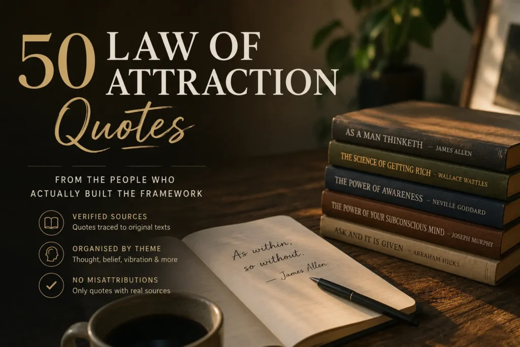 Featured image for “50 Law of Attraction Quotes” featuring stacked manifestation books, a notebook with handwritten quote, and warm editorial-style desk scene with cozy lighting.