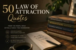 Featured image for “50 Law of Attraction Quotes” featuring stacked manifestation books, a notebook with handwritten quote, and warm editorial-style desk scene with cozy lighting.
