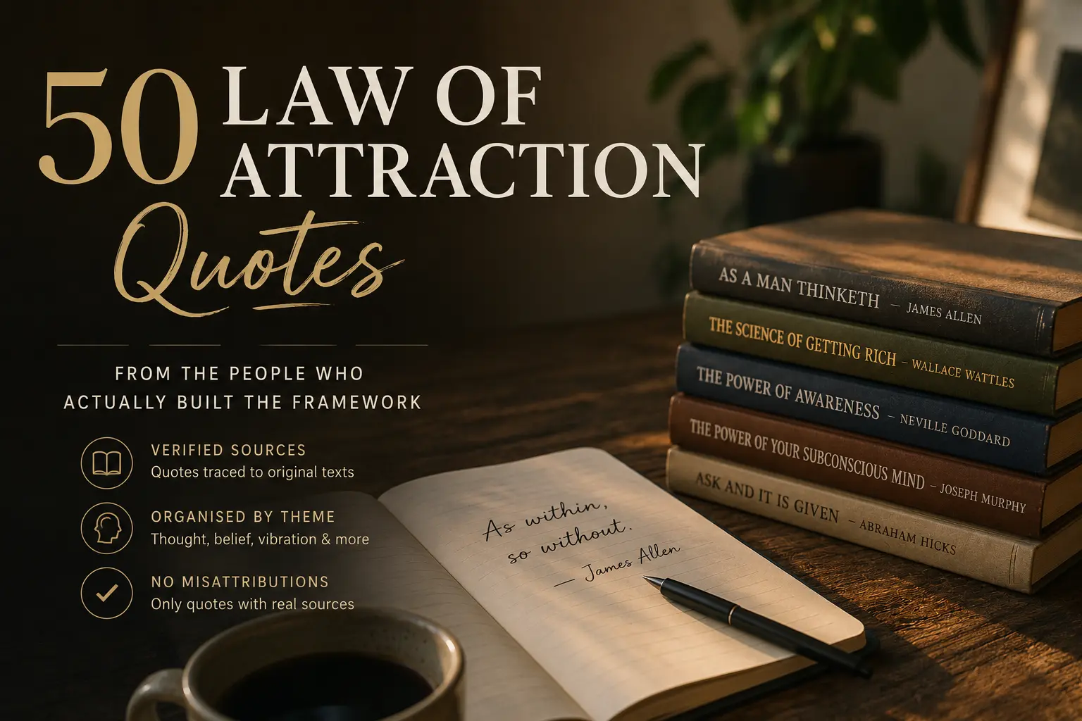 Featured image for “50 Law of Attraction Quotes” featuring stacked manifestation books, a notebook with handwritten quote, and warm editorial-style desk scene with cozy lighting.