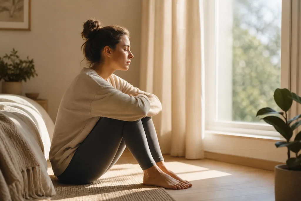 Person sitting quietly with anxious thoughts in a calm room, representing meditation and anxiety