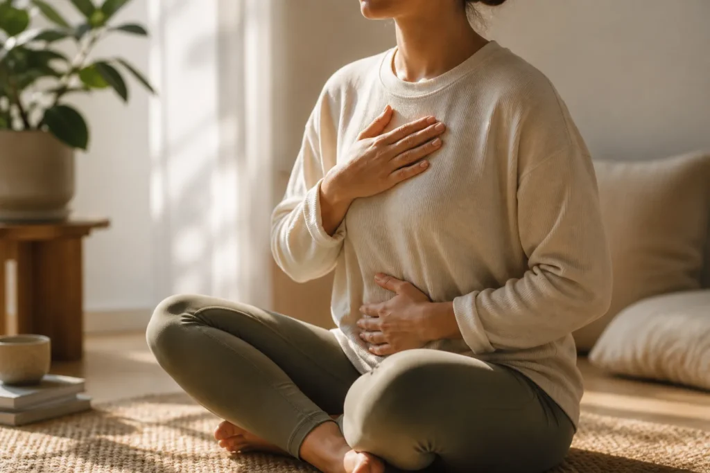 Grounding meditation for anxiety with hands on body focusing on breath and physical sensation