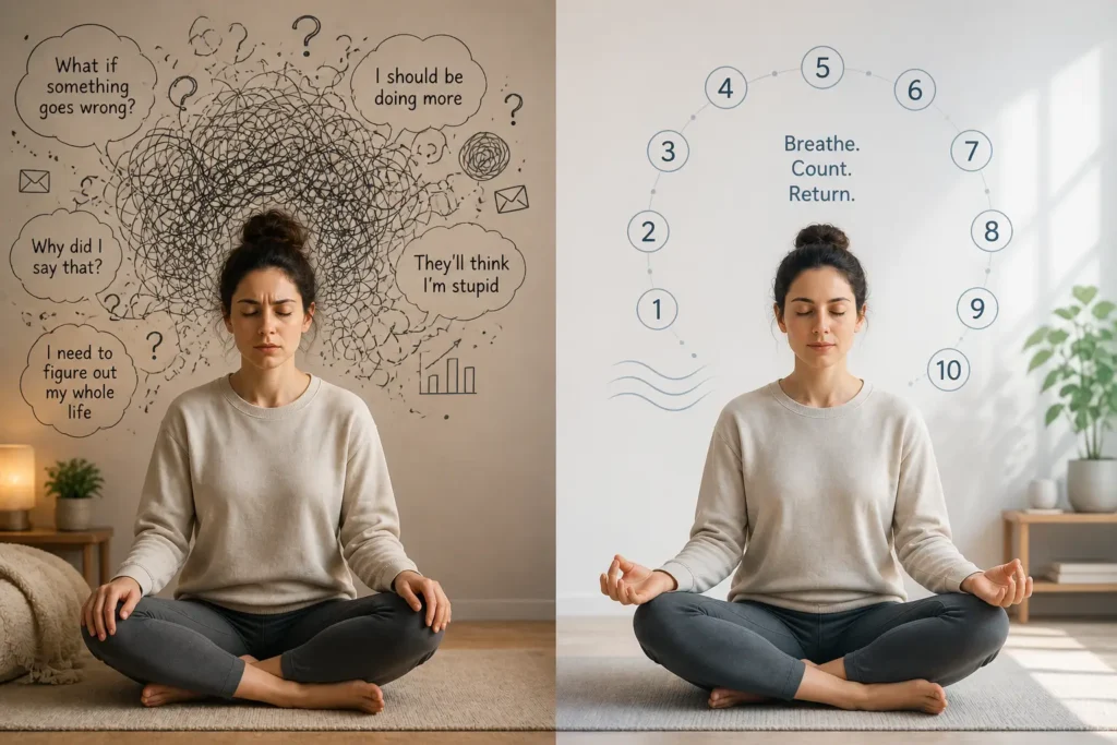 Split image of a person meditating with chaotic overthinking on one side and calm, structured counting meditation for overthinking on the other