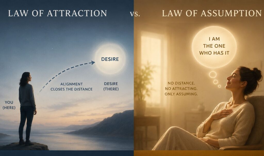 Split comparison infographic illustrating the difference between the Law of Attraction and the Law of Assumption. The left side shows a person standing outdoors looking toward a glowing “desire” in the distance, representing attraction and alignment. The right side shows a relaxed woman indoors imagining herself already having what she desires, symbolizing assumption and identity embodiment. The design contrasts “like attracts like” with “assumption is creation” using soft blue and warm golden tones.