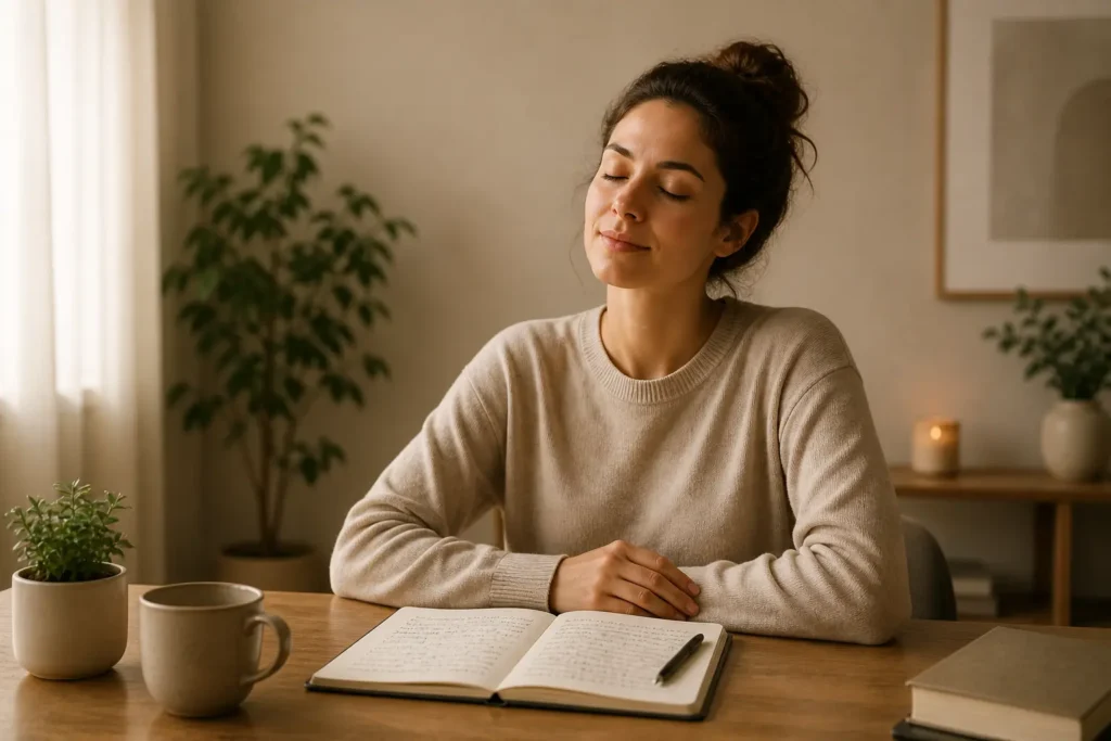 Person sitting calmly after writing in a notebook, trying to clear the mind through a brain dump