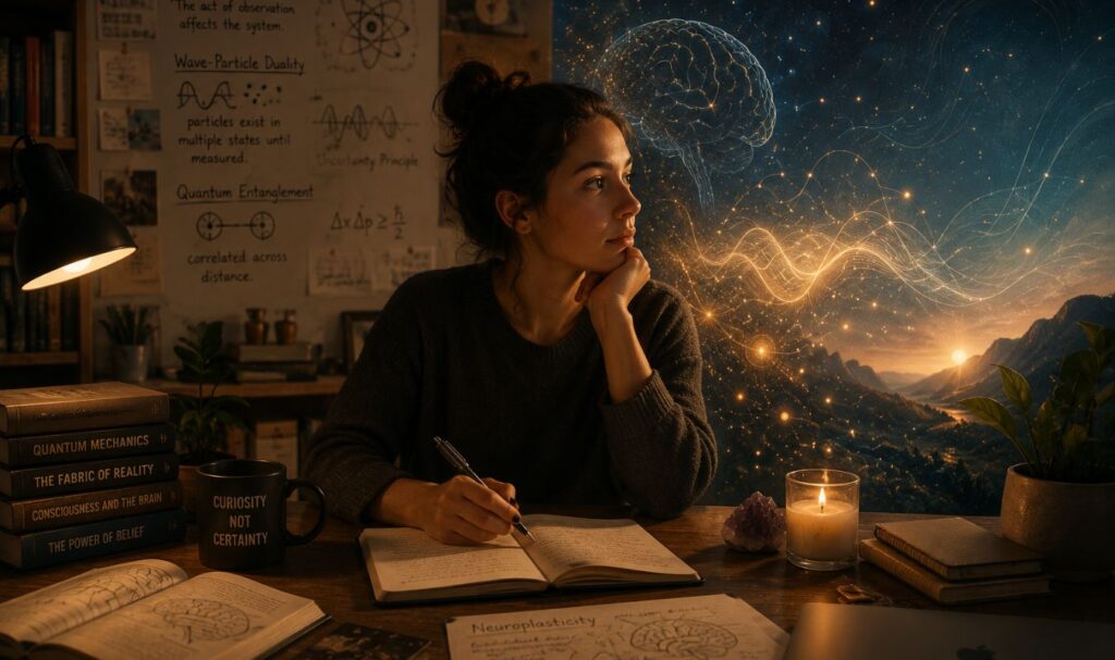 Woman sitting at a desk surrounded by books, scientific notes, and brain diagrams while reflecting on the connection between quantum physics, consciousness, and manifestation. Warm cinematic lighting blends realistic study elements with glowing abstract energy waves and cosmic visuals.