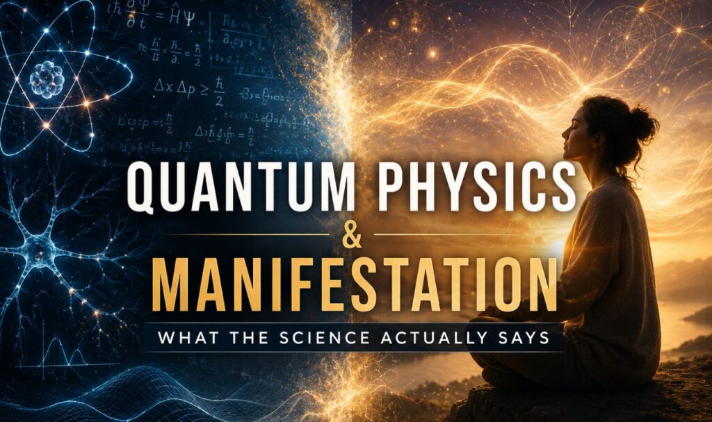 Split cinematic illustration representing the intersection of quantum physics and manifestation. The left side features scientific imagery including equations, atoms, and laboratory tools in deep blue tones, while the right side shows a meditating woman surrounded by glowing golden energy and consciousness-inspired visuals. Large editorial text reads “Quantum Physics & Manifestation: What the Science Actually Says.”