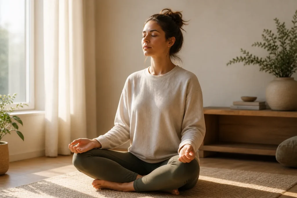 Beginner mindfulness meditation practice in a quiet room focusing on breath awareness