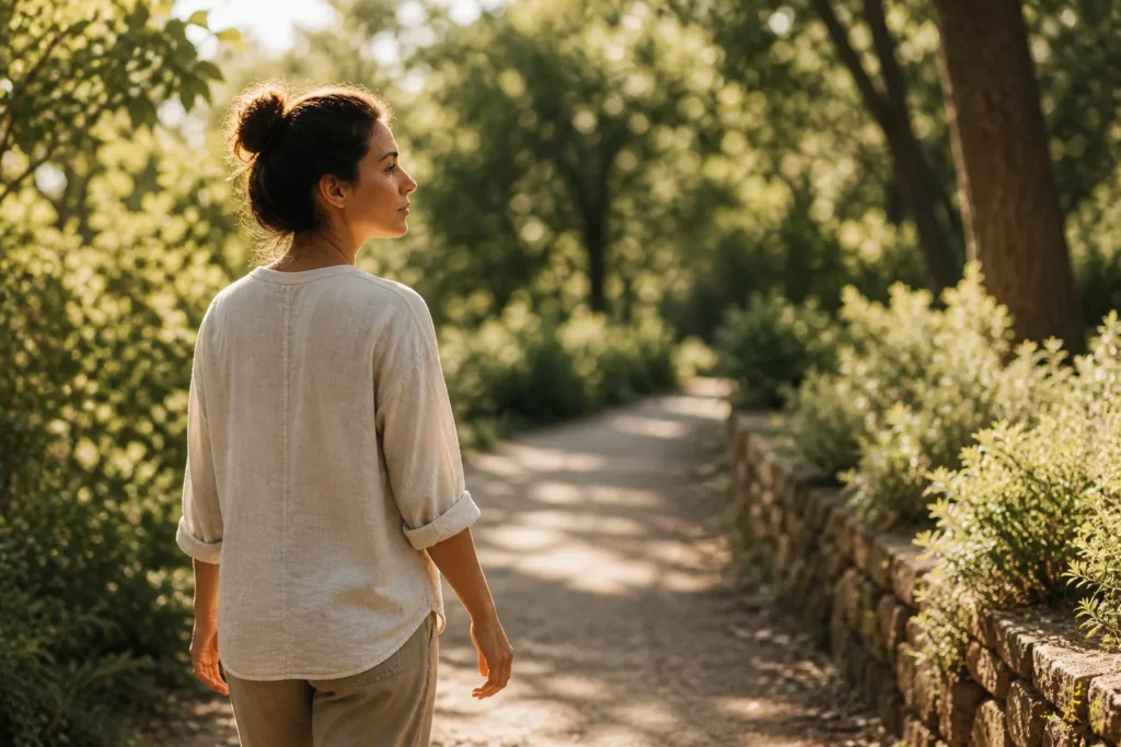 Mindfulness walking practice outdoors focusing on present moment awareness in nature
