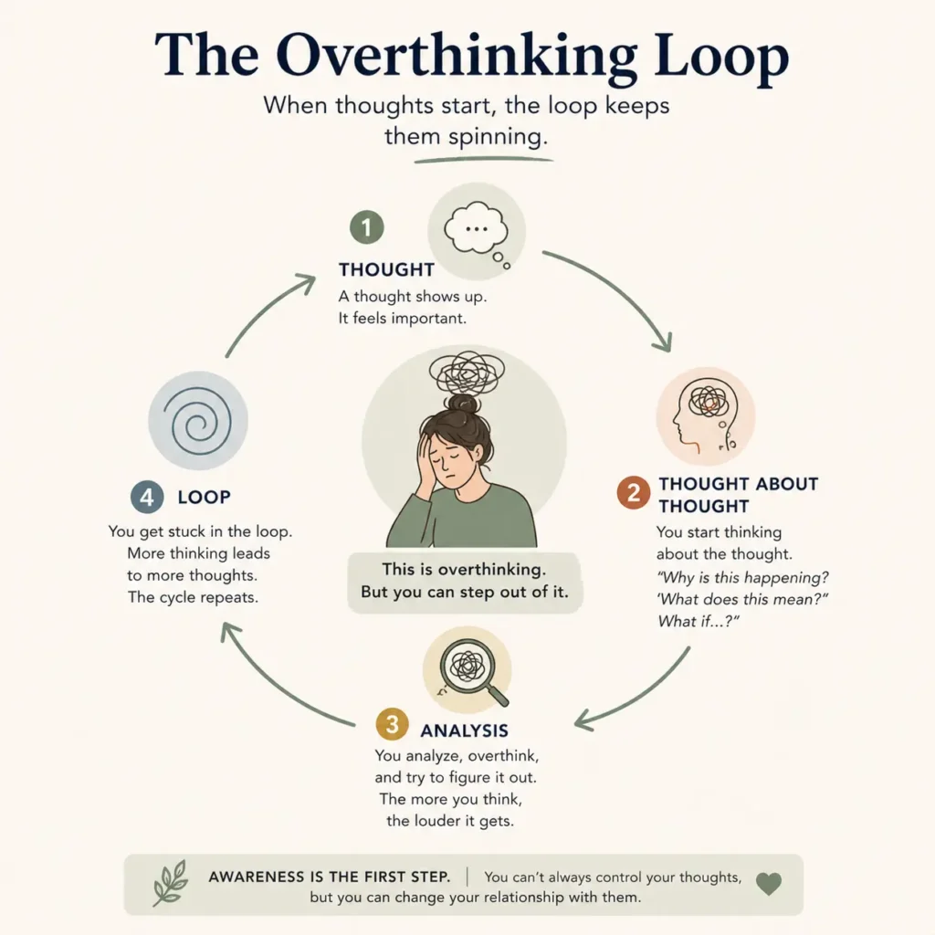 Overthinking loop diagram showing thought, analysis, and repeating mental patterns